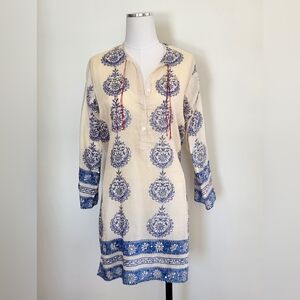 Alicia Bell Boho Cream and Blue Printed Tunic Top